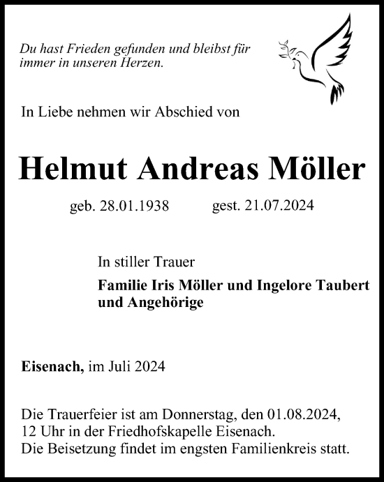 Traueranzeige von Helmut Andreas Möller von Thüringer Allgemeine, Thüringische Landeszeitung