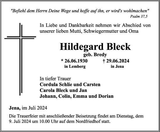 Traueranzeige von Hildegard Bleck von Ostthüringer Zeitung, Thüringische Landeszeitung