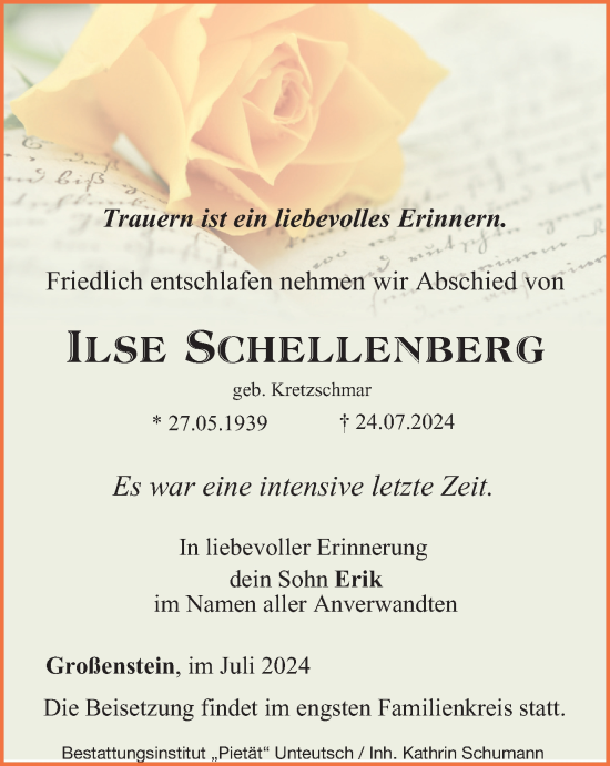 Traueranzeige von Ilse Schellenberg von Ostthüringer Zeitung