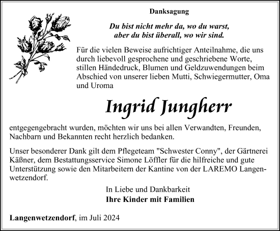 Traueranzeige von Ingrid Jungherr von Ostthüringer Zeitung