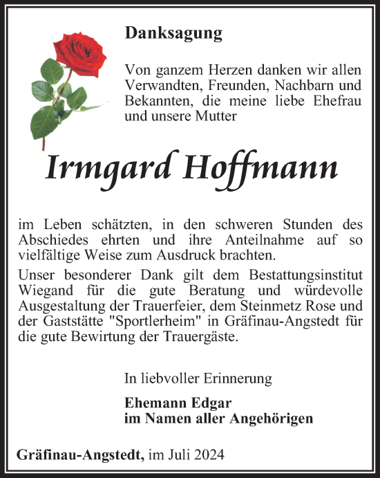 Traueranzeige von Irmgard Hoffmann von Thüringer Allgemeine