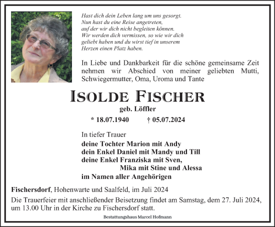 Traueranzeige von Isolde Fischer von Ostthüringer Zeitung