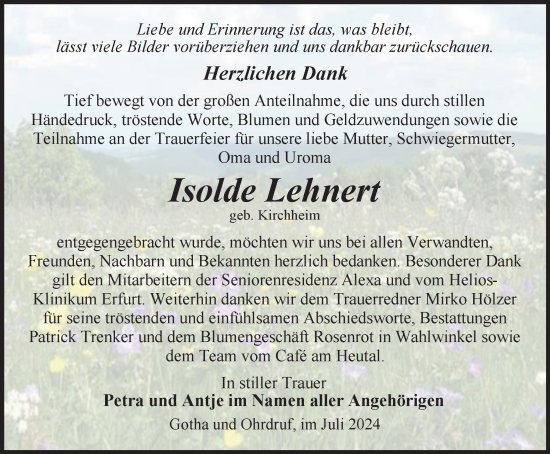 Traueranzeige von Isolde Lehnert von Thüringer Allgemeine, Thüringische Landeszeitung