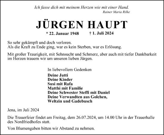 Traueranzeige von Jürgen Haupt von Ostthüringer Zeitung, Thüringische Landeszeitung