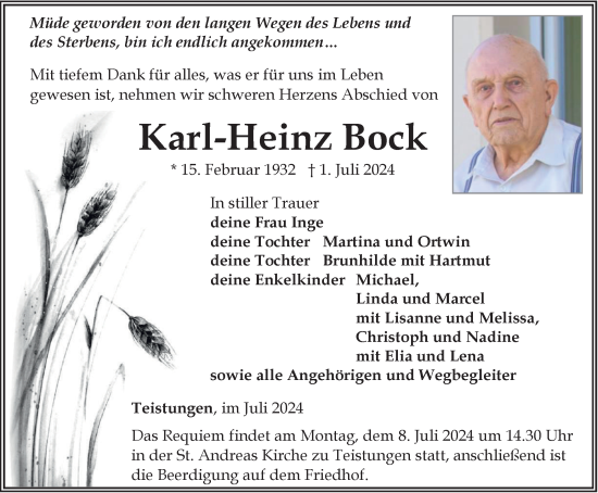 Traueranzeige von Karl-Heinz Bock von Thüringer Allgemeine