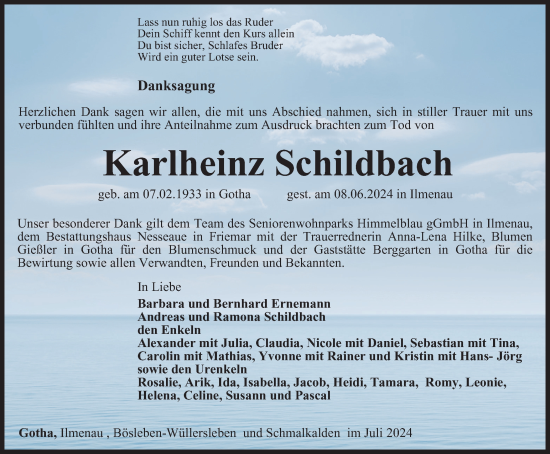 Traueranzeige von Karlheinz Schildbach von Thüringer Allgemeine, Thüringische Landeszeitung