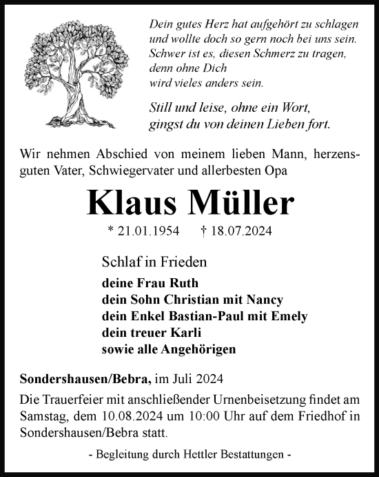Traueranzeige von Klaus Müller von Thüringer Allgemeine