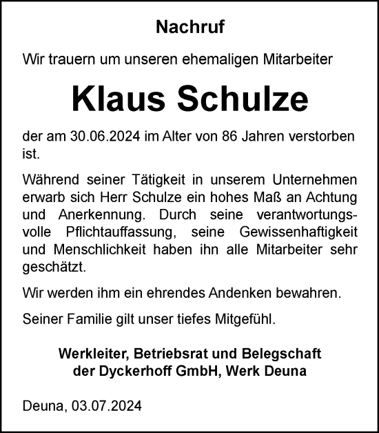 Traueranzeige von Klaus Schulze von Thüringer Allgemeine