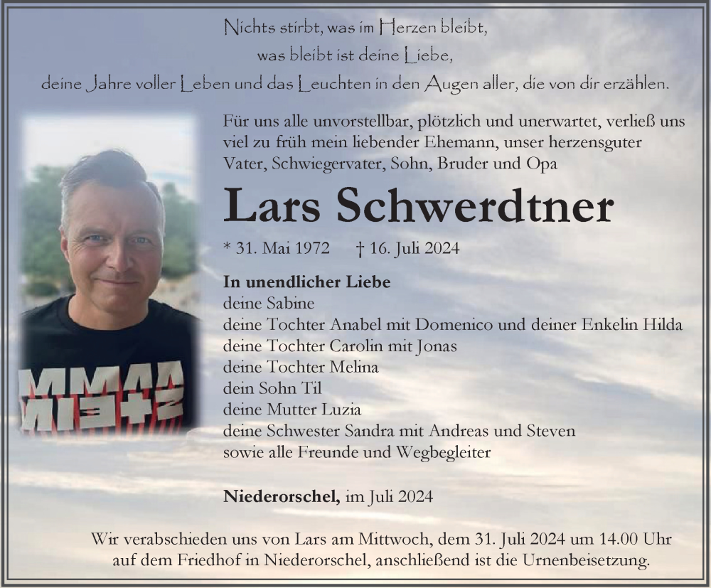  Traueranzeige für Lars Schwerdtner vom 27.07.2024 aus Thüringer Allgemeine