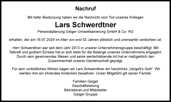 Traueranzeige von Lars Schwerdtner von Thüringer Allgemeine