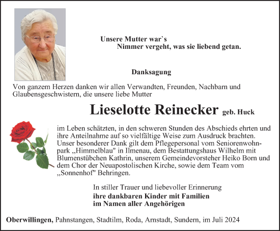 Traueranzeige von Lieselotte Reinecker von Thüringer Allgemeine