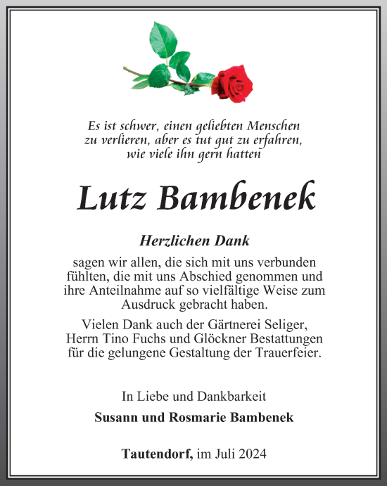 Traueranzeige von Lutz Bambenek von Ostthüringer Zeitung