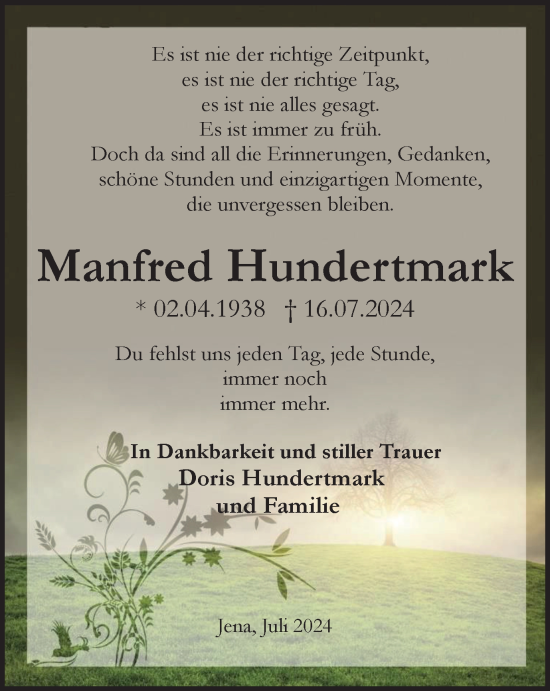 Traueranzeige von Manfred Hundertmark von Ostthüringer Zeitung, Thüringische Landeszeitung