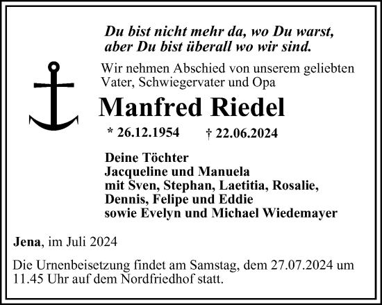 Traueranzeige von Manfred Riedel von Ostthüringer Zeitung, Thüringische Landeszeitung