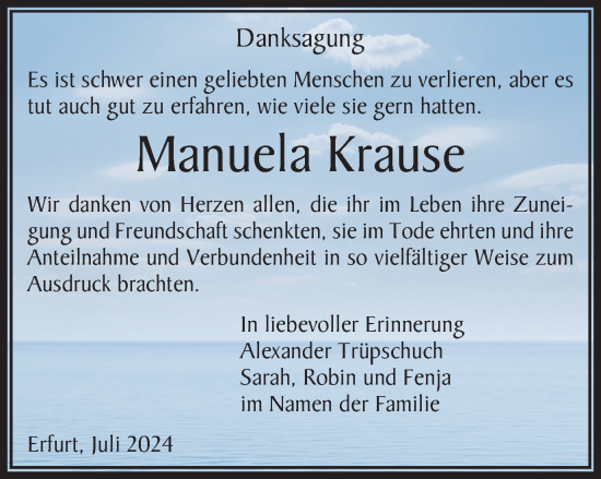 Traueranzeige von Manuela Krause