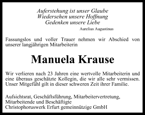 Traueranzeige von Manuela Krause von Thüringer Allgemeine, Thüringische Landeszeitung