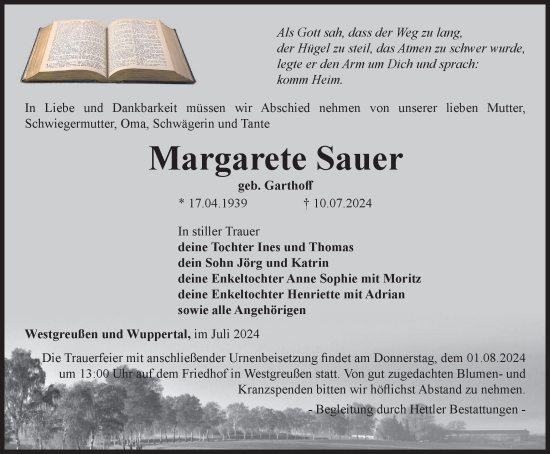 Traueranzeige von Margarete Sauer von Thüringer Allgemeine