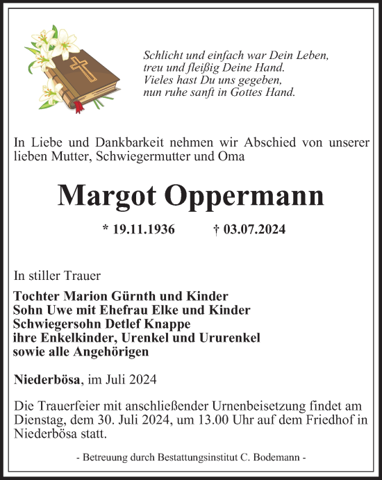 Traueranzeige von Margot Oppermann von Thüringer Allgemeine