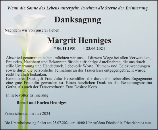 Traueranzeige von Margrit Henniges von Thüringer Allgemeine, Thüringische Landeszeitung