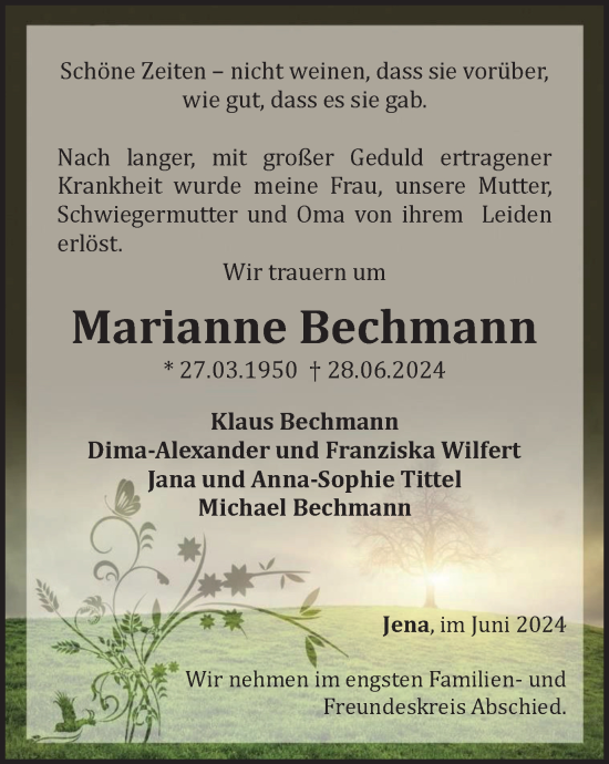 Traueranzeige von Marianne Bechmann von Ostthüringer Zeitung, Thüringische Landeszeitung