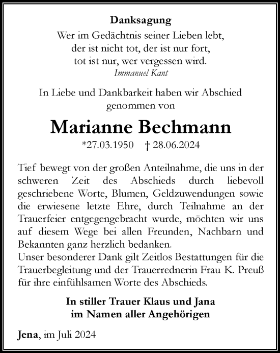 Traueranzeige von Marianne Bechmann von Ostthüringer Zeitung, Thüringische Landeszeitung