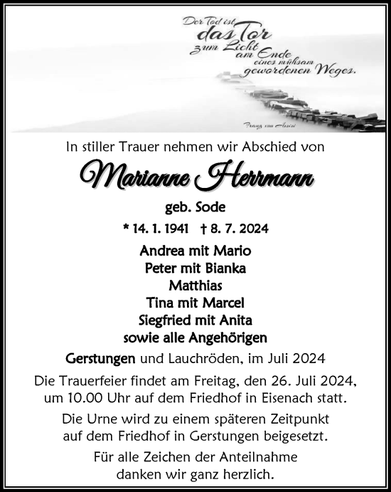 Traueranzeige von Marianne Herrmann von Thüringer Allgemeine, Thüringische Landeszeitung