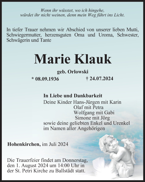 Traueranzeige von Marie Klauk von Thüringer Allgemeine, Thüringische Landeszeitung