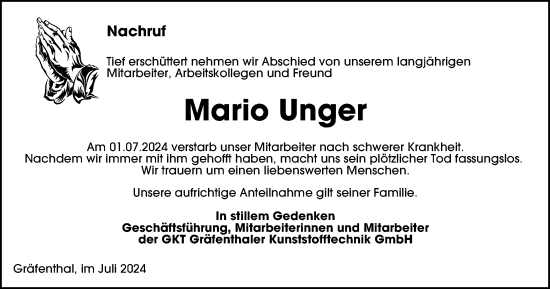 Traueranzeige von Mario Unger von Ostthüringer Zeitung