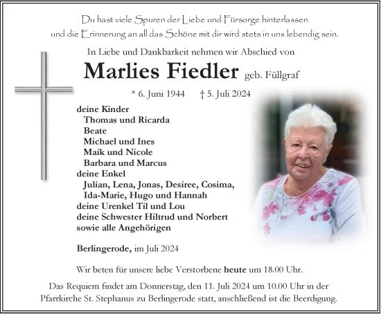 Traueranzeige von Marlies Fiedler von Thüringer Allgemeine