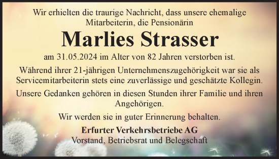 Traueranzeige von Marlies Strasser von Thüringer Allgemeine, Thüringische Landeszeitung