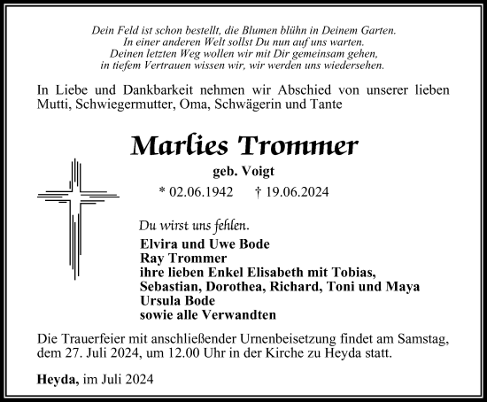 Traueranzeige von Marlies Trommer von Thüringer Allgemeine