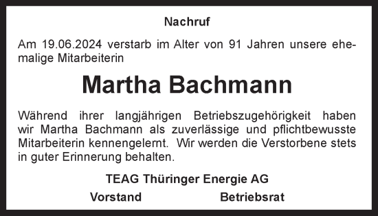 Traueranzeige von Martha Bachmann von Thüringer Allgemeine