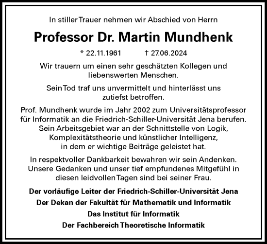 Traueranzeige von Martin Mundhenk von Ostthüringer Zeitung, Thüringische Landeszeitung