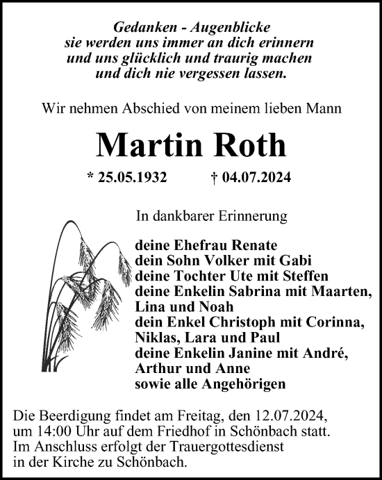 Traueranzeige von Martin Roth von Ostthüringer Zeitung