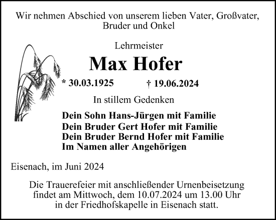 Traueranzeige von Max Hofer von Thüringer Allgemeine, Thüringische Landeszeitung