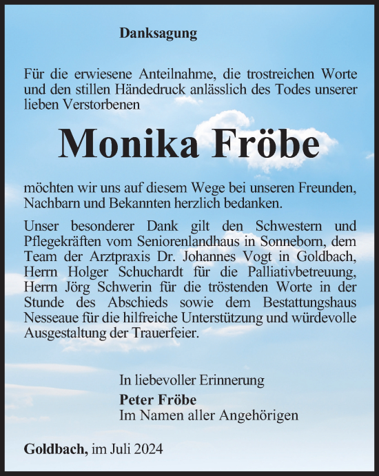 Traueranzeige von Monika Fröbe von Thüringer Allgemeine, Thüringische Landeszeitung