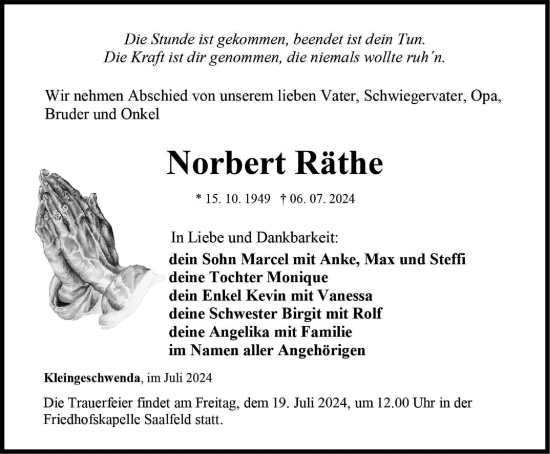 Traueranzeige von Norbert Räthe von Ostthüringer Zeitung