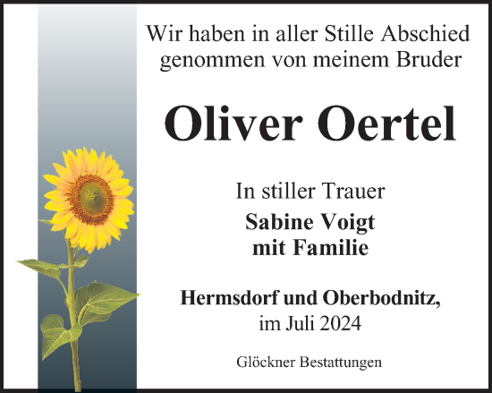 Traueranzeige von Oliver Oertel von Ostthüringer Zeitung