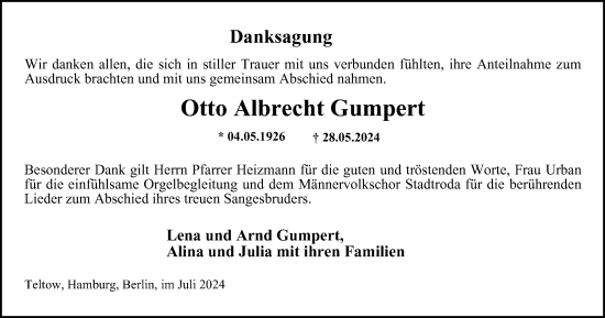 Traueranzeige von Otto Albrecht Gumpert von Ostthüringer Zeitung