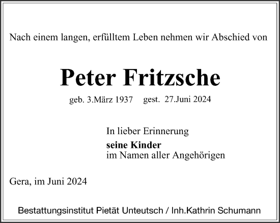 Traueranzeige von Peter Fritzsche von Ostthüringer Zeitung