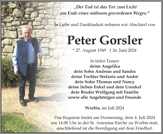 Traueranzeige von Peter Gorsler von Thüringer Allgemeine