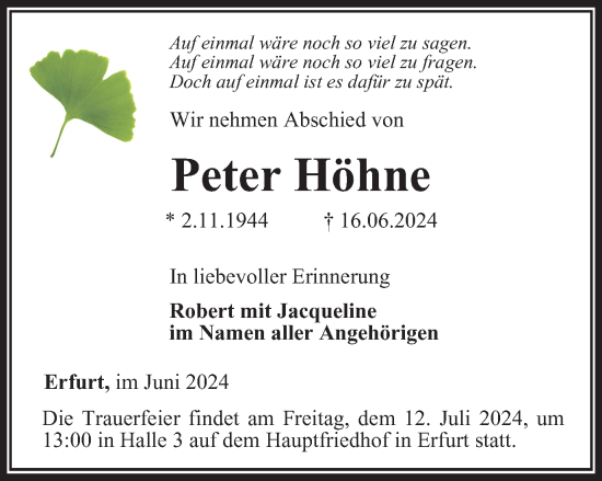 Traueranzeige von Peter Höhne von Thüringer Allgemeine, Thüringische Landeszeitung