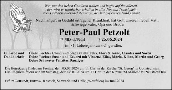 Traueranzeige von Peter-Paul Petzolt von Ostthüringer Zeitung