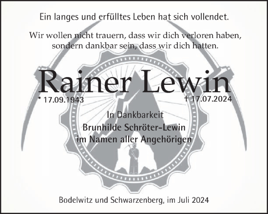 Traueranzeige von Rainer Lewin von Ostthüringer Zeitung