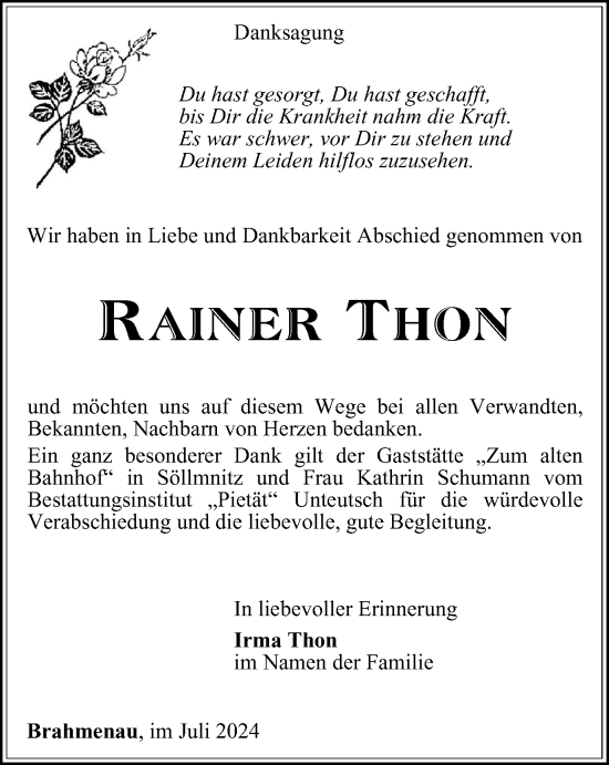 Traueranzeige von Rainer Thon von Ostthüringer Zeitung