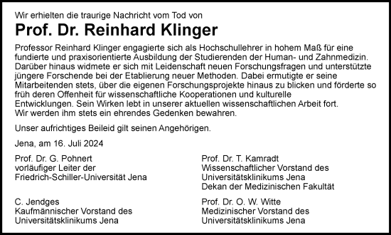 Traueranzeige von Reinhard Klinger von Ostthüringer Zeitung, Thüringische Landeszeitung