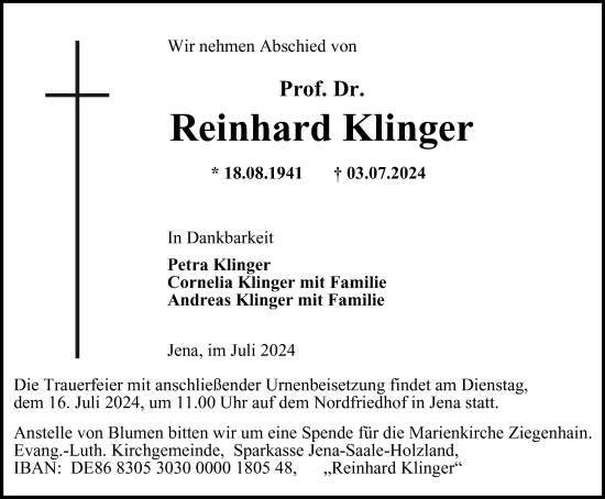 Traueranzeige von Reinhard Klinger von Ostthüringer Zeitung, Thüringische Landeszeitung