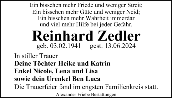 Traueranzeige von Reinhard Zedler von Thüringer Allgemeine, Thüringische Landeszeitung