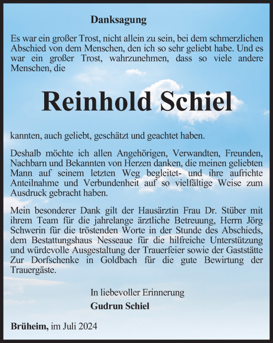 Traueranzeige von Reinhold Schiel von Thüringer Allgemeine, Thüringische Landeszeitung