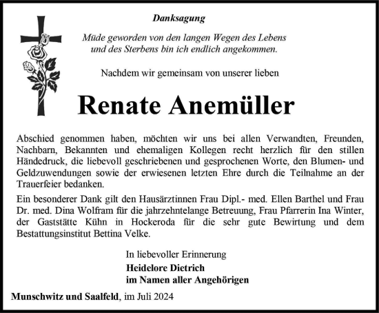Traueranzeige von Renate Anemüller von Ostthüringer Zeitung